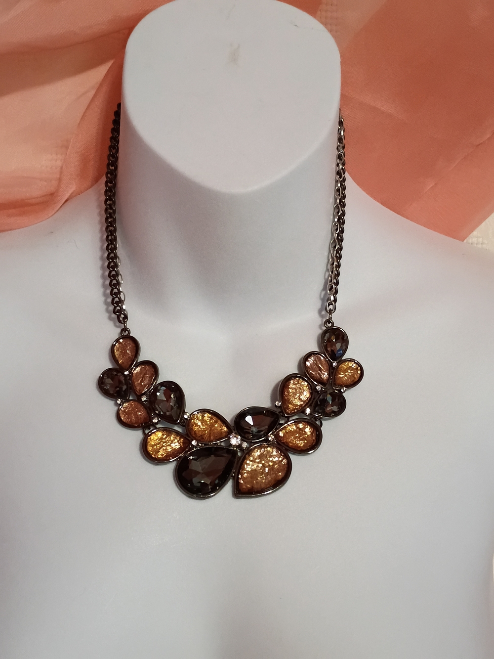Vintage Gold and Brown Teardrop Statement Necklace